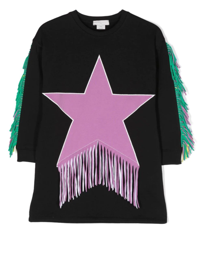 Stella Mccartney Kids' Fringed Star-patch Jumper Dress In Black