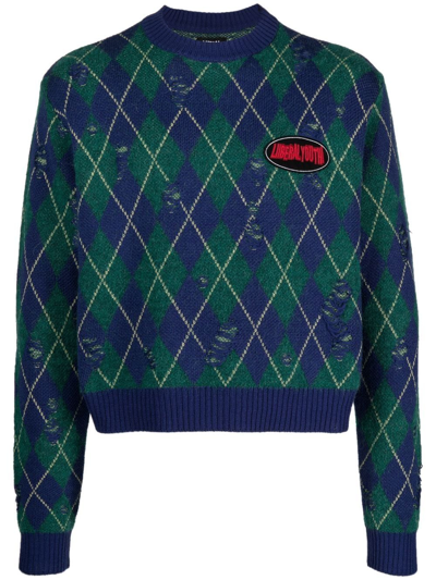Liberal Youth Ministry Gender Inclusive Distressed Logo Patch Arygle Wool Blend Sweater In Green