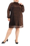 Nina Leonard Smock Neck Metallic Overlay Dress In Black/ Copper