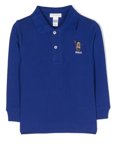 Ralph Lauren Babies' Embroidered-logo Long-sleeve Polo Shirt In Blau