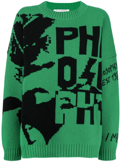 Philosophy Di Lorenzo Serafini Knit Crew Neck Sweaters With Graphic Design In Green