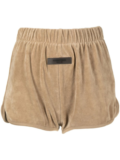Essentials Velvet-effect Logo-tag Shorts In Brown