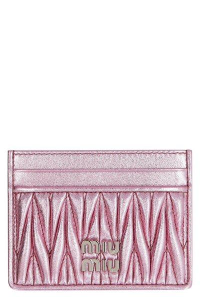 Miu Miu Metallic Leather Card Holder In Pink