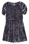 Ava & Yelly Kids' Crushed Velvet Cinched Sleeve Dress In Dark Grey