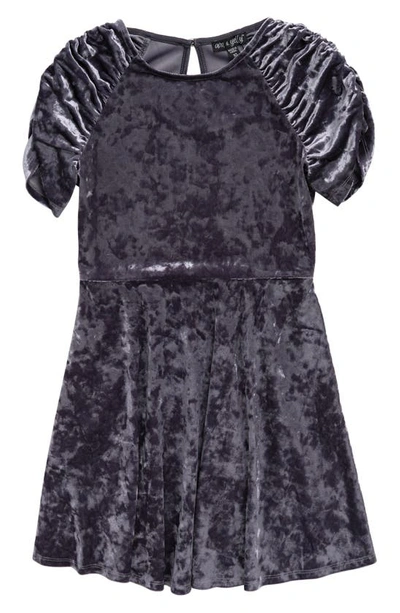 Ava & Yelly Kids' Crushed Velvet Cinched Sleeve Dress In Dark Grey