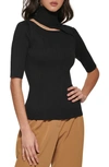 Dkny Women's Turtleneck Cutout Ribbed Elbow-sleeve Sweater In Black
