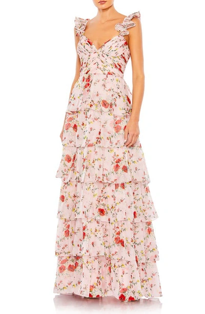 Mac Duggal Floral Print Tiered Empire Gown In Pink Multi