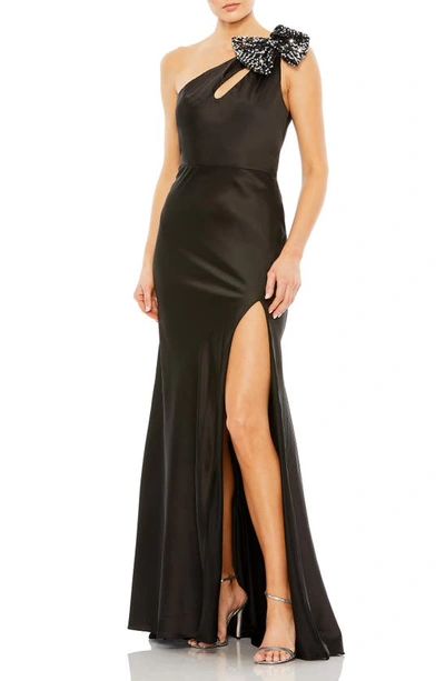 Ieena For Mac Duggal Sequin Bow One-shoulder Satin Sheath Gown In Black