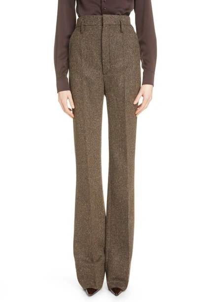 Saint Laurent High Waist Wool Herringbone Pants In Brown