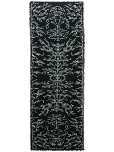 Alexander Mcqueen Crystal Embellished Skull Silk Scarf In Black/grey