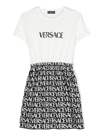 Versace Kids' Allover Logo Print Mixed Media Cotton Dress In White
