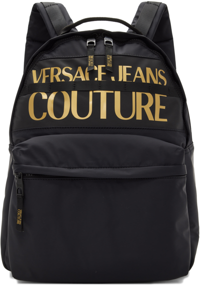 Versace Jeans Couture Black Logo Backpack In Eg89 Black + Gold