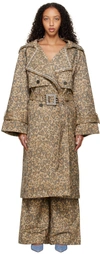 Area Heart Leopard Print Crystal Trim Denim Trench Coat In Brown Multi