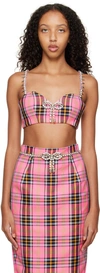 Area Crystal Spike Plaid Virgin Wool Blend Bra Top In Pink Plaid