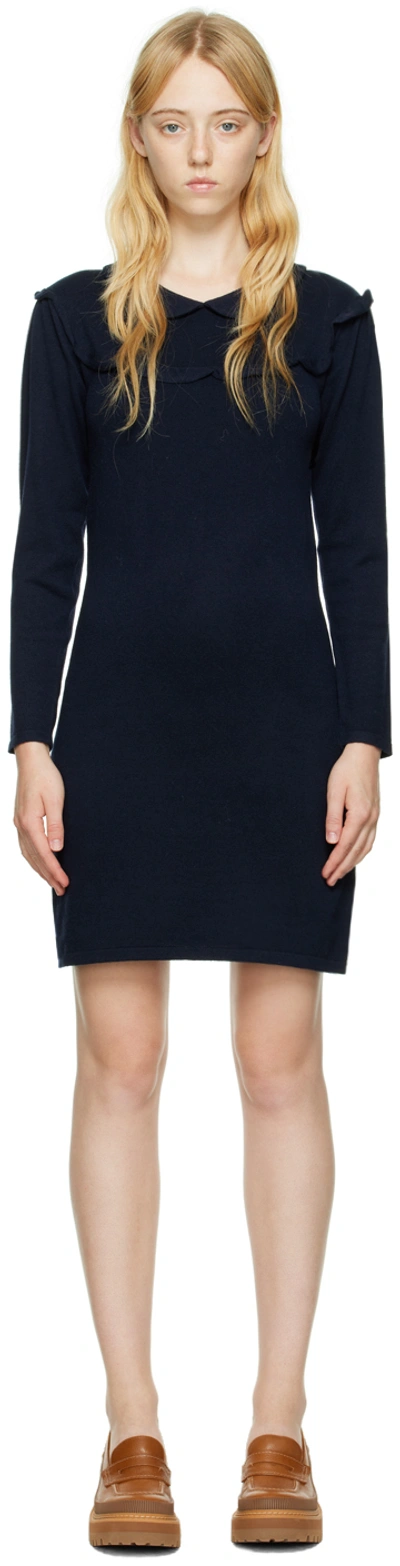 See By Chloé Navy Ruffle Midi Dress In 4c3 Ink Navy