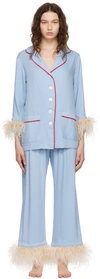 Sleeper Party Pajama Set With Double Feathers In Blue In Blue