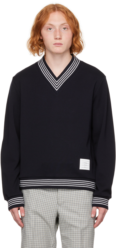 Thom Browne V Neck Striped Collar Wool Pullover In Blue