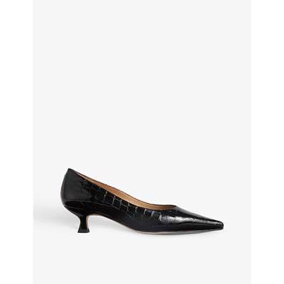 Lk Bennett Dakota Croc-effect Kitten-heel Leather Court Shoes In Bla-black