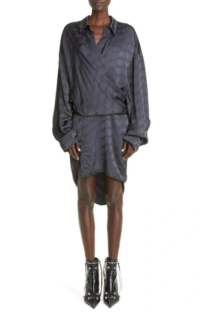 Balenciaga Asymmetric Liscense Logo Long Sleeve Wrap Dress In Grey