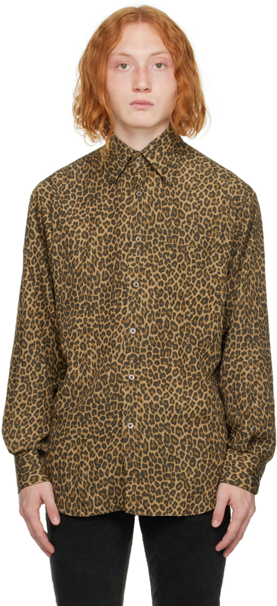 Tom Ford Leopard-print Long-sleeved Regular-fit Woven Shirt In Brown