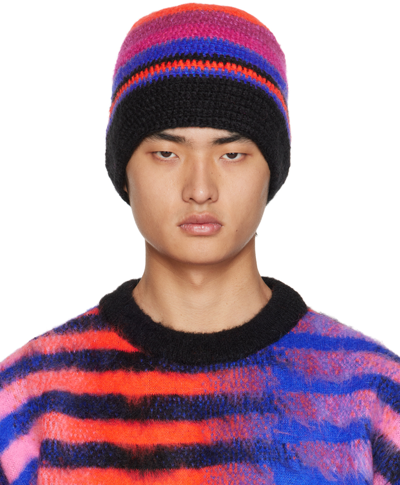 Agr Colour-block Striped Beanie In Black/red