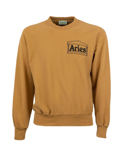 Aries Logo Printed Crewneck Sweatshirt In Camel
