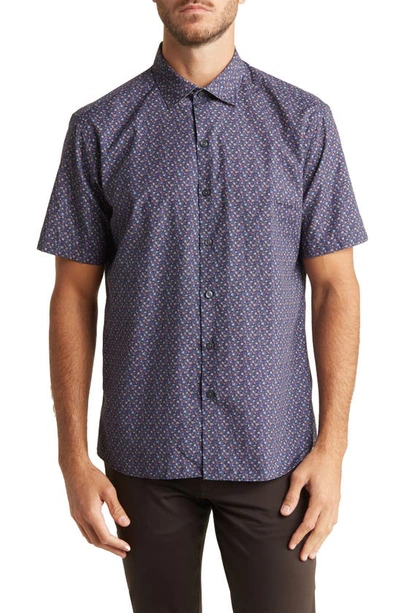 Westzeroone Alvin Floral Print Short Sleeve Button-up Shirt In Navy