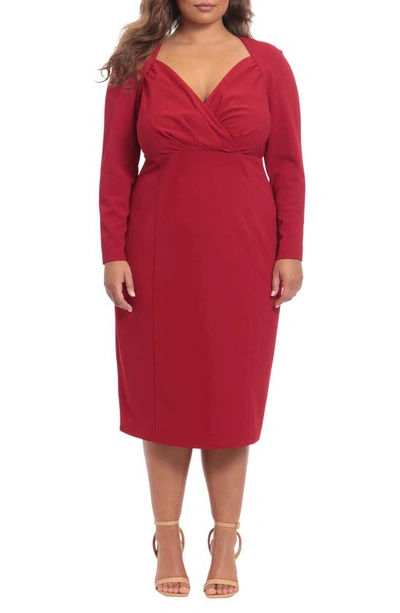 Maggy London Tucked Long Sleeve Midi Sheath Dress In Persian Red