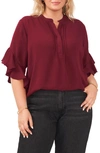 Vince Camuto Plus Size Ruffle Sleeve Henley Blouse In Crisp Merlot