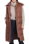 Avec Les Filles Water Resistant Faux Leather Longline Puffer Vest In Sienna