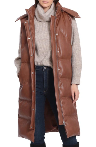Avec Les Filles Water Resistant Faux Leather Longline Puffer Vest In Sienna