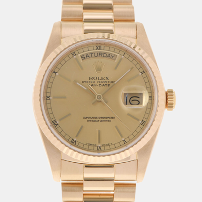 Pre-owned Rolex Champagne 18k Yellow Gold Day-date 18038 Automatic Men's Wristwatch 36 Mm