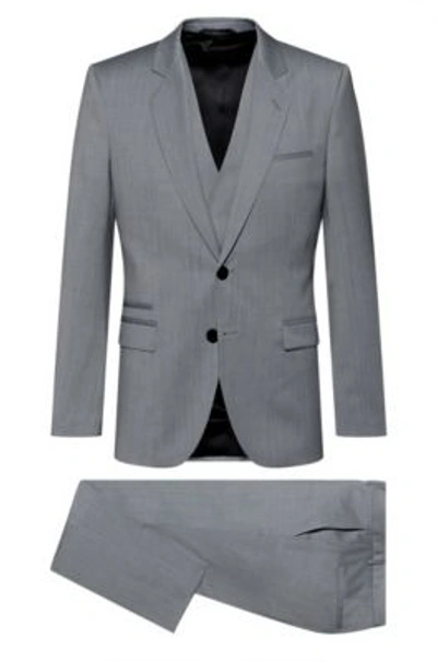 Hugo Three-piece Extra-slim-fit Suit In Virgin Wool In Grey