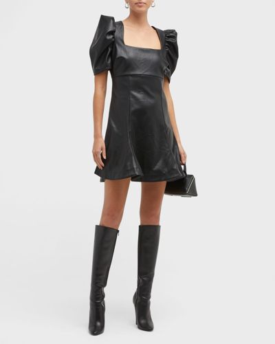 Likely Alia Faux-leather Puff-sleeve Mini Dress In Black