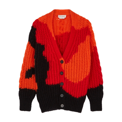 Alexander Mcqueen Red Intarsia Mohair-blend Cardigan In