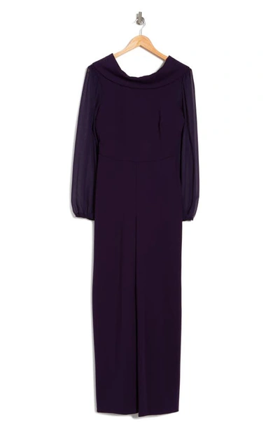 Connected Apparel Chiffon Long Sleeve Jumpsuit In Eggplant