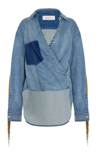 Hellessy Hicks Metallic Fringe Stretch Cotton Denim Shirt In Medium Wash