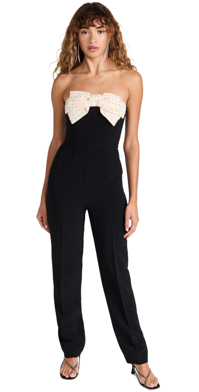 Saloni Sabine Strapless Cotton-blend Velvet And Embellished Silk Jumpsuit In Black