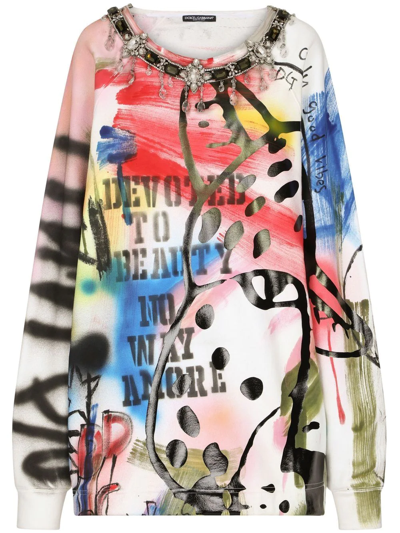 Dolce & Gabbana Long Jersey Sweatshirt With Graffiti Print In Multicolor