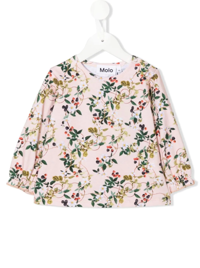 Molo Babies' Floral-print Long-sleeve T-shirt In Pink