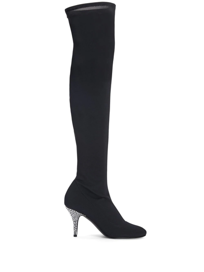 Giuseppe Zanotti Calixtee Cuissarde Crystal-embellished Leather-trimmed Mesh Thigh Boots In Schwarz