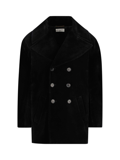 Saint Laurent Logo Detailed Oversized Peacoat In Black