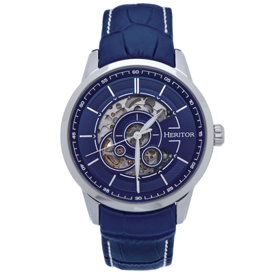Heritor Automatic Davies Semi-skeleton Leather Band Watch In Silver/navy