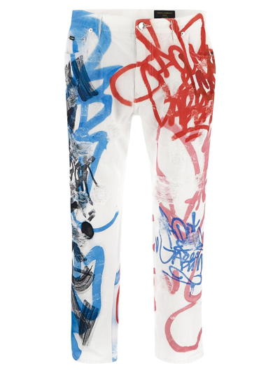 Dolce & Gabbana White Jeans With Multicolor Graffiti In Black