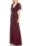 Mac Duggal Beaded Leaves Butterfly Sleeve Gown In Aubergine