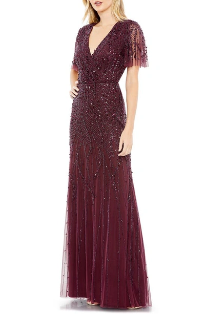 Mac Duggal Beaded Leaves Butterfly Sleeve Gown In Aubergine