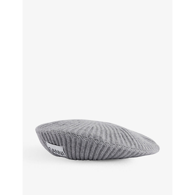 Ganni Logo-patch Ribbed Wool, Recycled-wool And Recycled-polyamide Blend Beret In Melange