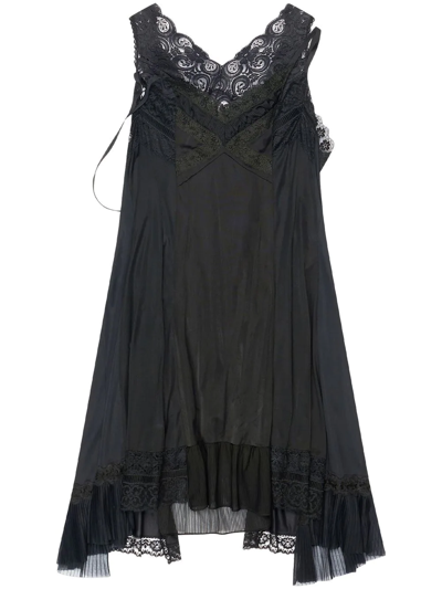 Balenciaga Lace-trim Sleeveless Asymmetric-hem Dress In Black