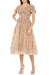 Mac Duggal Embellished Butterfly Fit And Flare Tea-length Dress In Taupe