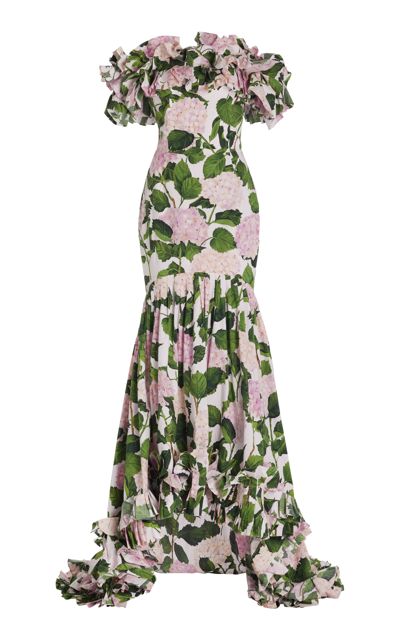 Oscar De La Renta Hydrangea Print Off The Shoulder Stretch Cotton Gown With Train In Pink